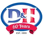 D&H logo with "60 Years" in a red ribbon and "EST. 1959" below, in blue and red text within an oval shape.