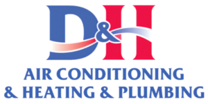 D&H logo with blue and red letters, featuring a swoosh design, and the text "Air Conditioning & Heating & Plumbing" below.